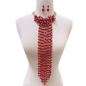 GOLD NECKTIE DESGIN NECKLACE SET RED PEARLS